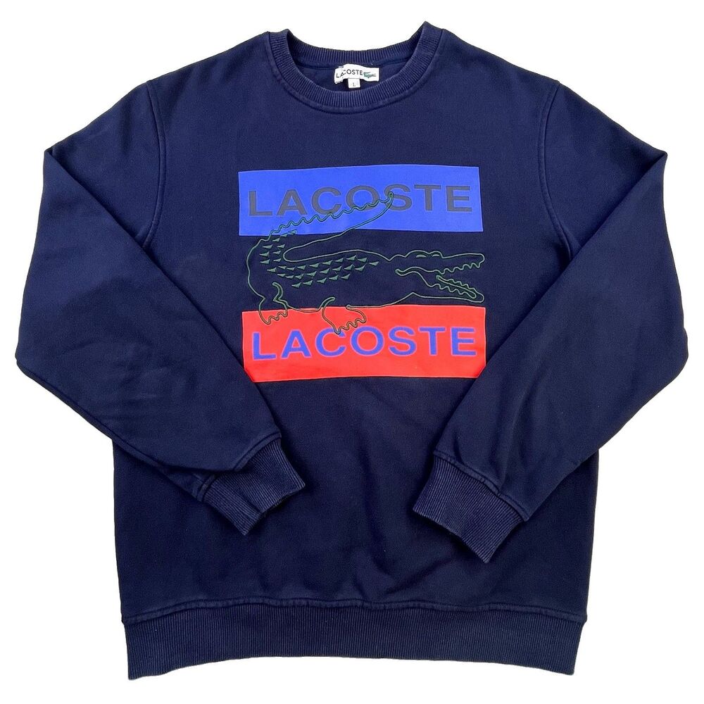 Vintage Lacoste Sweatshirt Mens L Navy Blue Big Alligator Logo Pullover Crewneck